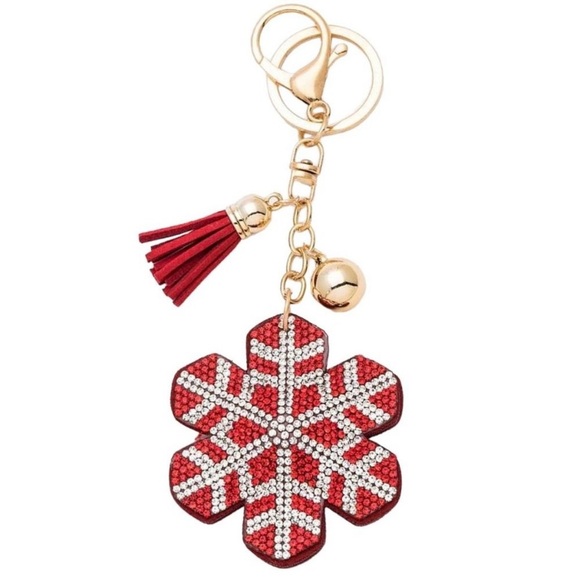 New! Bling Rhinestone Red and White Snowflake Puffy Tassel Keychain BRAND NEW - Picture 1 of 1